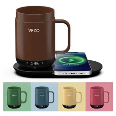 Imagem de VFZO Caneca inteligente de controle de temperatura de 473 ml, tela de LED com autoaquecimento, vida útil da bateria de 180 min - Carregador rápido sem fio de até 65 °C, design aprimorado, conjunto de