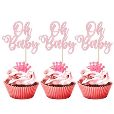 Imagem de 24 Pack Oh Baby Cupcake Toppers Glitte Baby shower Cupcake Picks for Gender Reveal Baby Shower Boys Girls Kids Birthday Theme Party Cake Decorations Supplies Pink