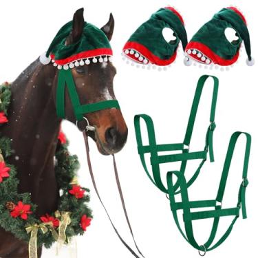 Imagem de Paterr 4 peças acessório de cavalo de Natal, Papai Noel, elfo, rena, cavalo, chapéu de cavalo de férias com cabresto de cavalo de nylon ajustável para acessórios de fantasia de cavalo de Natal (estilo elfo)