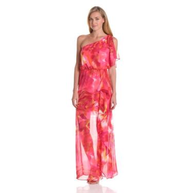 Imagem de Hailey by Adrianna Papell Vestido feminino floral com babados e ombro único, Fúcsia Multi, 46