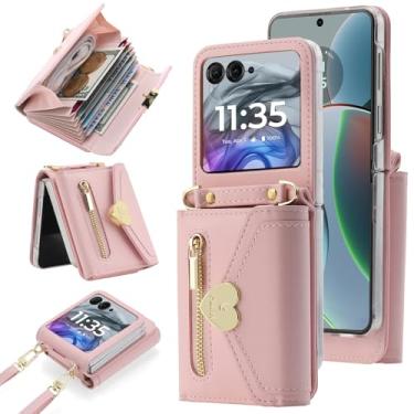 Imagem de YQODSZ Capa carteira para Motorola Razr 2024 com alça transversal, capa flip para Motorola Razr 50 com fivela em forma de coração para mulheres e meninas, capa protetora de couro para Motorola Razr
