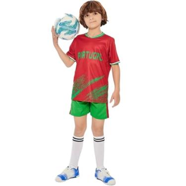 Imagem de Bolognifi Camisa de futebol infantil, camiseta da Copa Europeia/Américas, meninos e meninas, conjunto de shorts esportivos de futebol com meia manga(Portugal,6-7A)