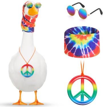 Imagem de Silicherry 3 peças de roupa hippie de ganso para varanda hippie de 58 cm / 43 cm estátua de ganso de plástico fantasia anos 70 tie dye arco-íris leopardo roupas hippie faixa de cabeça colar óculos de