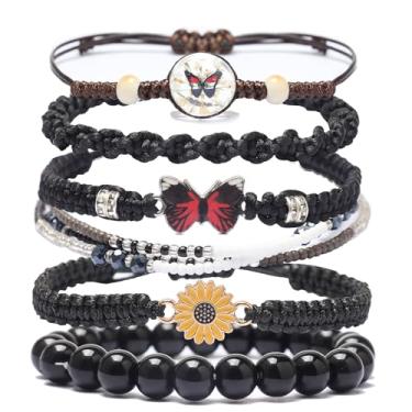 Imagem de DS Pulseiras de contas de corda para meninas adolescentes, delicadas e fofas, margaridas de borboleta, conjunto de flores eternas para mulheres, meninas, ajustável, pulseira de amizade, joias de