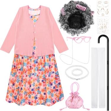 Imagem de JcHrmers Old Lady Costume for School Day 100th Day of School Costume with Grandma Cardigan Sweater Floral Skirt Granny Wig Glasses Set (Pink Sweater, 8-10Years)