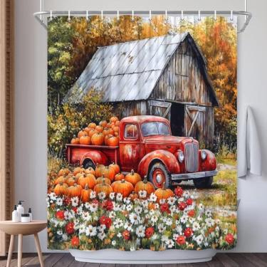 Imagem de EUBTPA Cortina de chuveiro outono fazenda laranja abóbora flores silvestres caminhão vermelho rústico celeiro outono fazenda cena natural dia das bruxas festival de ação de graças decoração de banho