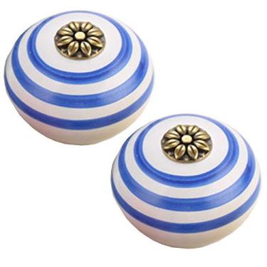 Imagem de Puxador de gaveta puxadores de porta de cerâmica azul vintage forma redonda gaveta armário puxadores armário armário armário casa cozinha ferragem - 2 peças (azul e branco)