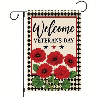 Imagem de Starlit Patio Guirlanda de boas-vindas xadrez búfalo bandeira dia dos veteranos jardim flor de papoula vermelha 30,5 x 45,7 cm primavera exterior outono fazenda ao ar livre pequena decoração para
