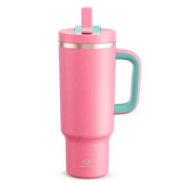 Imagem de Copo de 1,134 g com alça e canudo: copo isolado de aço inoxidável mantém frio por 24 horas, copo de viagem à prova de vazamento cabe no suporte de copo e livre de BPA, tulipa