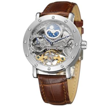 Imagem de FORSINING Relógio masculino automático Tourbillon Skeleton Watch Moon Phase Relógio de pulso (Moon Phase Silver Brown), Moderno