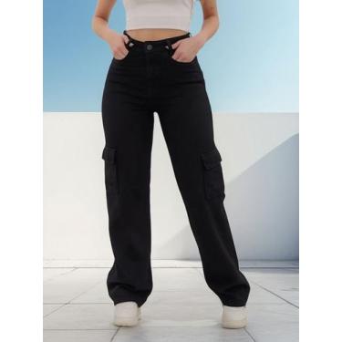 Imagem de Ujeans Calça Pantalona Wide Leg Cargo Preta, Preto, 40