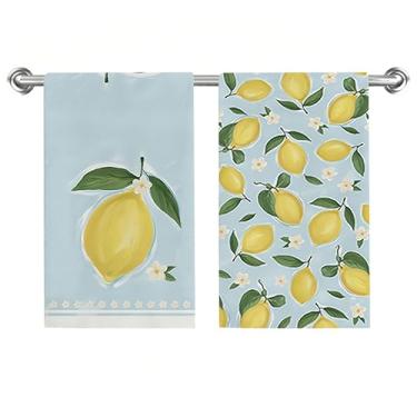 Imagem de Conjunto de 2 toalhas de prato de limão de verão, toalhas de mão sazonais de flores brancas 45,7 x 66 cm, panos de prato de secagem de verão para cozinha, banheiro, decoração de casa