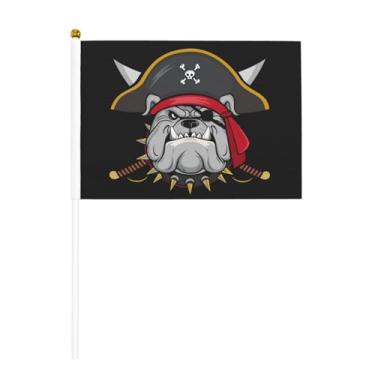 Imagem de Bandeira portátil de pirata buldogue 14 x 20 cm pequena vara mini bandeiras de mão placa decorativa para festa interna ao ar livre, pacote com 10