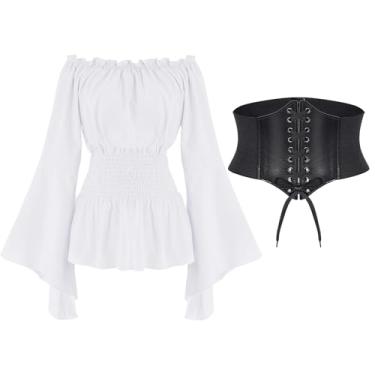 Imagem de Hmxpls Women Renaissance Blouse Top with Corset Waist Belt, Pirate Corset Shirt, Medieval Costume Off Shoulder Long Sleeve Peasant Shirt,White,S