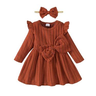 Imagem de Mioglrie Baby Girl 3-6 Months Dress Infant Girls' Clothing Ruffle Long Sleeve Dresses Fall Winter Girl Dress Brown Casual Dresses with Headband