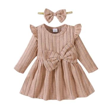 Imagem de Mioglrie Baby Girl Dress Infant Girls Fall Winter 6 9 12 Months Baby Girls Ruffle Long Sleeve Dresses Khaki Casual Dress with Headband