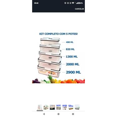 Imagem de Kit Com 5 Potes Hermético ideal para Marmita Plastico Para mantimentos Micro-ondas alimentos geladeira Potes Retangular com Tampa Hermética 490ml/ 820ml/ 1300ml/ 2000ml/ 2900ml.