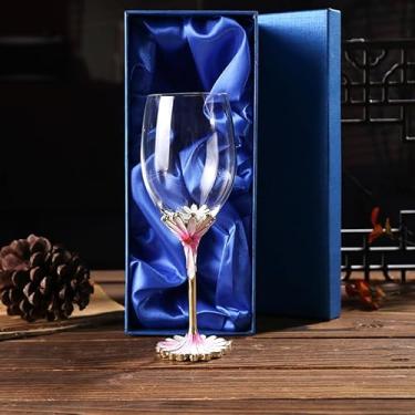 Imagem de Simcat Taças de vinho esmaltadas pintadas à mão em vidro transparente refinado, haste para cabernet, presentes (caixa de presente única rosa, flor pequena)