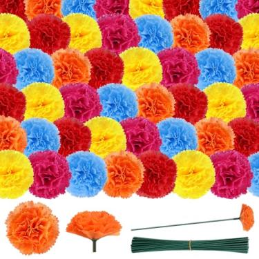Imagem de Bigmeta 50 cabeças de flores de calêndula do Dia dos Mortos - Decorações Dia De Los Muertos, calêndula de seda artificial DIY com hastes para decoração de casa de Halloween para festa mexicana de