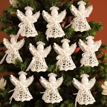 Imagem de Newwiee 12 peças de enfeites de anjo de Natal de crochê, decorações de árvore de Natal, enfeites de anjos de crochê, enfeites de pendurar para árvore de Natal, casa, parede, presente de festa (branco)