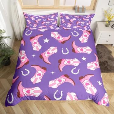 Imagem de Castle Fairy Conjunto de capa de edredom com botas de cowgirl, tamanho infantil, rosa, roxo, caubói para decoração de quarto de crianças, meninos e meninas, capa de edredom de casco de cavalo com
