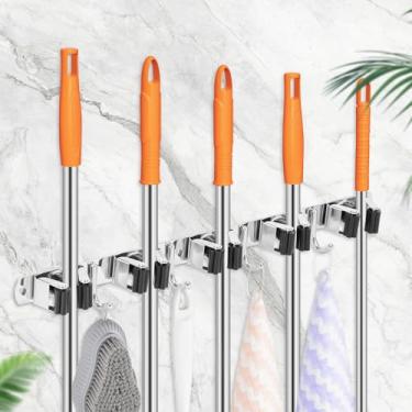 Imagem de Suporte de parede para vassoura, 2/3/5 peças, 5 prateleiras e 4 ganchos, organizador de vassouras, suporte de ferramentas para armazenamento doméstico e laranjamento, autoadesivo, resistente, para