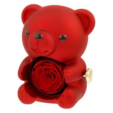 Imagem de Urso vermelho com rosa preservada – presentes para ela, flor de rosa real na barriga de urso com elegante caixa de presente e colar para casamentos, aniversários de chá de panela, presente para