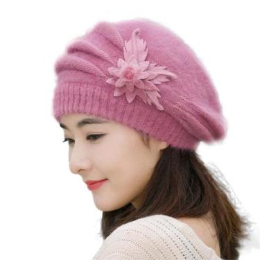 Imagem de Moda feminina flor malha crochê gorro chapéu inverno boné quente boina