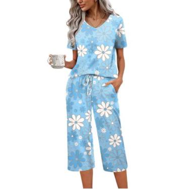 Imagem de Conjunto de pijama feminino Ekouaer de manga curta de algodão com calç