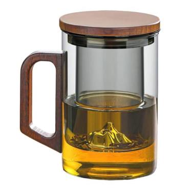 Imagem de Xícara de chá de vidro inquebrável de 950ml com tampa de madeira e inf