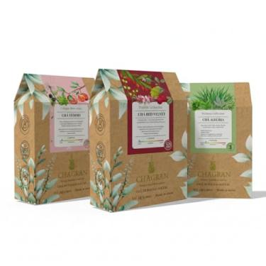 Imagem de Kit agrada CHAGRAN, 3 Chás especiais para Mulher, Chá Alegria (chá verde, alecrim, hortelã, capim limão), Chá Femme (dente de leão, melissa, folha de amora, maçã e jasmim) e Red Velvet (hibisco, beterraba, frutas vermelhas, rooibos e pimenta rosa), Folhas Soltas, 45g Total, Rende 30 Xícaras