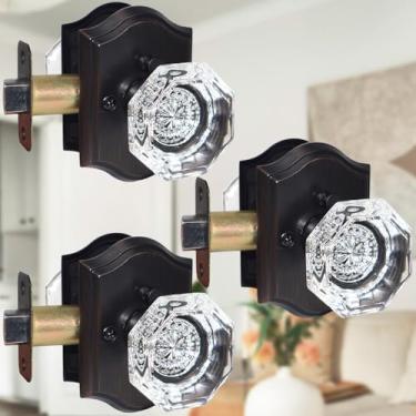 Imagem de Yhomaxtus Pacote com 3 maçanetas de cristal, maçanetas de vidro octogonal, maçanetas de cristal bronze polido a óleo interior para banheiro, quarto, conjunto de maçanetas de porta antigas de vidro