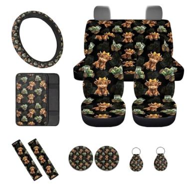 Imagem de Wunvihay Highland Cow and Car Prints Capas de assento de carro conjunto completo de 12 peças, capa de volante automotivo/almofada de cinto de segurança/chaveiro protetor de interior automotivo