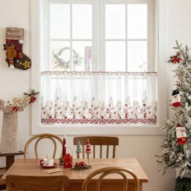 Imagem de VOGOL Saia de renda transparente vermelha de Natal, cortina com ilhós bordada floral vintage para janela de cozinha, saia curta elegante para banheiro de fazenda ou sala de estar, 139 x 61, 1 painel