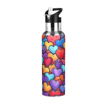 Imagem de Wassud Garrafa de água colorida em forma de coração garrafa de água esportiva de aço inoxidável com canudo garrafas de água isoladas copo portátil de viagem 946 ml