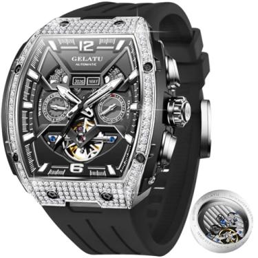 Imagem de OLEVS GELATU Relógio masculino mecânico luxuoso diamante esqueleto automático 50 m, à prova d'água, cristal de safira, mostrador quadrado, multifunção de calendário