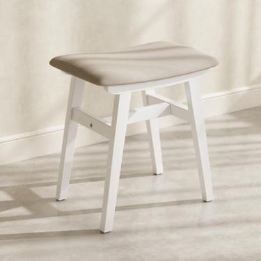 Imagem de Muwuele Banqueta de madeira maciça, cadeira de maquiagem compacta com almofada de sela, assento de esponja de alto rebote coberto de linho, apoio de pé de fácil montagem para quarto, entrada, casa