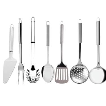 Imagem de Kit Utensílios para Cozinha Inox Escumadeira Concha Colher de Arroz Pegador Massa Garfo Trinchante (7 Peças)