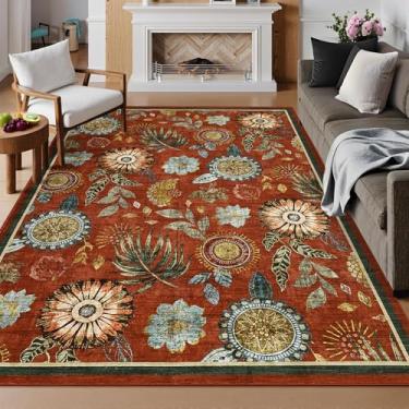 Imagem de GarveeHome Tapete floral lavável de 10 x 15 cm: tapete grande para sala de estar com suporte antiderrapante lavável ultra macio tapete floral para quarto interior tapete resistente a manchas para sala