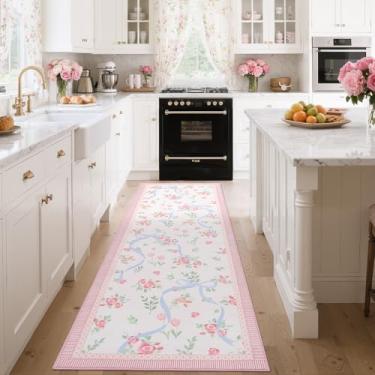 Imagem de GarveeHome Runner for Hallways antiderrapante, tapete de corredor de cozinha 6 x 20 cm rosa e azul para quarto de meninas, tapete de área lavável floral rosa para decoração de dormitório de entrada de