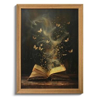 Imagem de Arte de parede de livro texturizado 3D emoldurado, imagem de decoração de parede vitoriana vintage dourada temperamental, Dark Academia Reading Butterfly Sandstone Painting for Library Bedroom