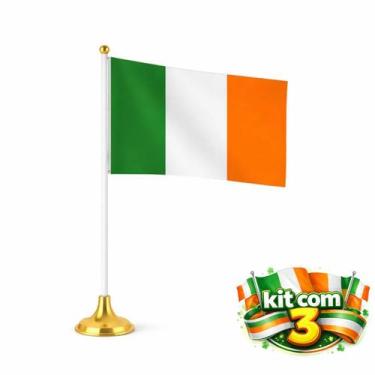 Imagem de Kit 3 Mini Bandeiras da Irlanda 30cm com Base e Haste para Mesa Evento