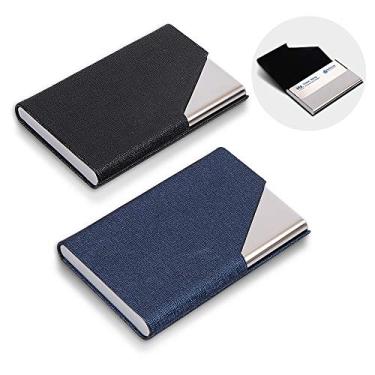 Imagem de homEdge Suporte de cartão de visita, 2 pacotes de couro PU + estojo de cartão de visita de aço inoxidável para viagens e negócios - preto e azul