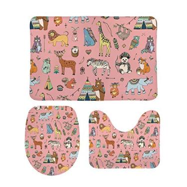 Imagem de Top Carpenter Conjunto de 3 peças de tapetes de banheiro antiderrapantes com animais tribais em tapete rosa macio + tampa de vaso sanitário + tapete de banheiro para decoração de banheiro