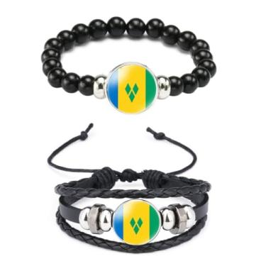 Imagem de Ykonuyis Pulseira de corda elástica de metal com contas pretas e pulseira de corda trançada de couro de liga para homens e mulheres apoia o seu país, Medium, Zinco, Vidro