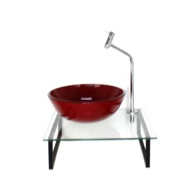 Imagem de Kit Cuba de Vidro Redonda 1cm Tampo 40cm com Suporte Torneira Valvula Vermelho