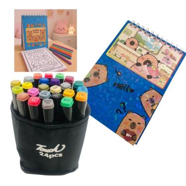 Imagem de Canetinhas 24 Cores Livro Colorir Capivara Feliz 50 Folhas Desenho Fofo Divertido