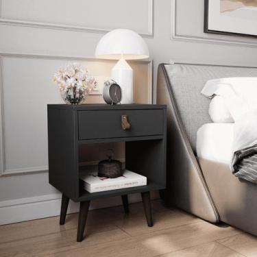 Imagem de Mesa de Cabeceira Mesinha Para Quarto 1 Gaveta Puxador em Couro Ravenn