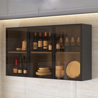 Imagem de Armário de exibição de vidro para banheiro montado na parede, armário de armazenamento de cozinha estreito em marrom/cinza, decoração de sala de estar com alça oculta, armazenamento sobre o vaso