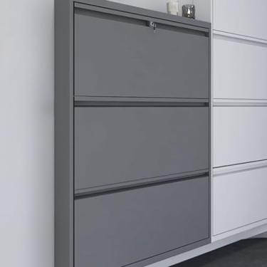 Imagem de Armário de sapatos com trava montado na parede – Organizador de armazenamento estreito de 3 camadas, suporte de basculante independente, sem necessidade de montagem para casa e apartamento, design